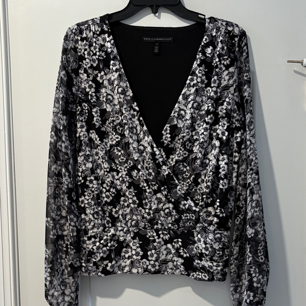 White House Black Market Black and White Floral Blouse